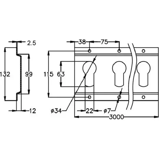 Rail acier trous de serrure embouti horizontal