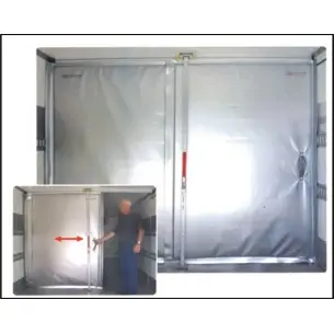 Mobile insulating partition designed for temperature-controlled product transport. Opens and closes quickly to maintain temperat